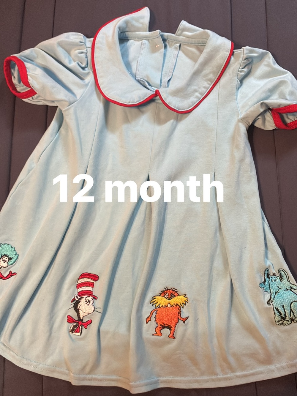 Light Blue Dr. Seuss Character Baby Dress with Red Trim